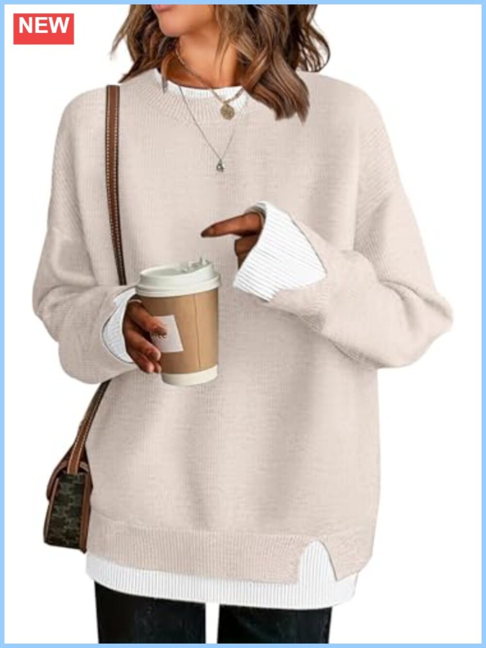 Oversized Patchwork Knit Sweater Crew Neck Drop Shoulder Pullover